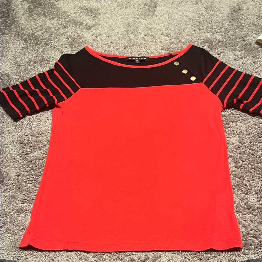 Jones New York Red and Black Striped Blouse